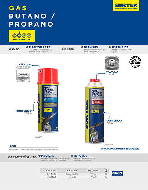 Lata de gas butano/propano con válvula roscada 275 g Surtek