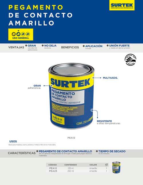 Pegamento de contacto amarillo 250 ml Surtek
