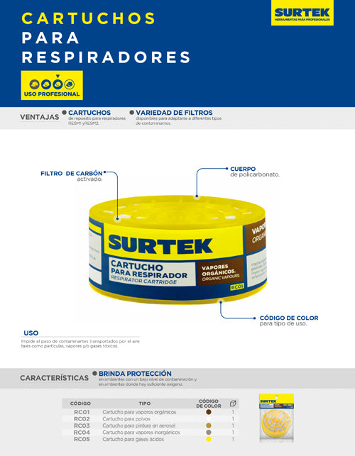 Cartucho para respirador con protección para polvo Surtek
