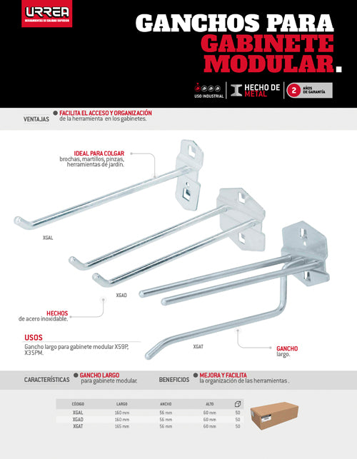 Gancho largo triple para gabinete modular serie X Urrea
