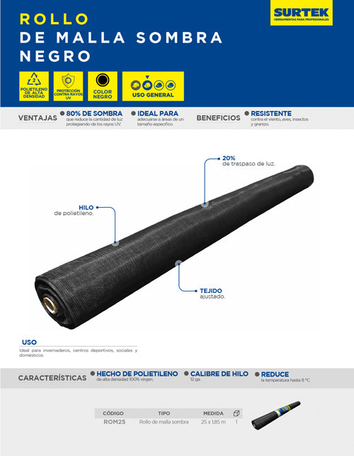 Malla sombra color negro en rollo 25 m x 1.85 m Surtek