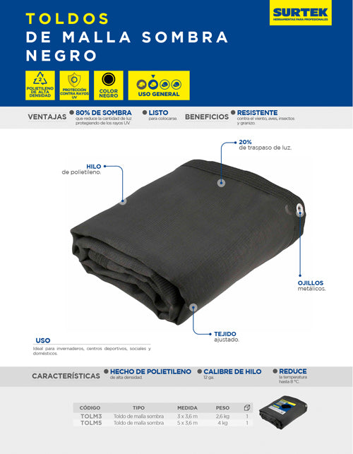 Toldo de malla sombra color negro 5 m x 3.60 m Surtek