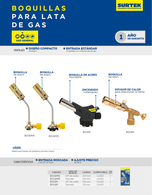 Boquilla para lata de gas rosca tipo mecha Surtek