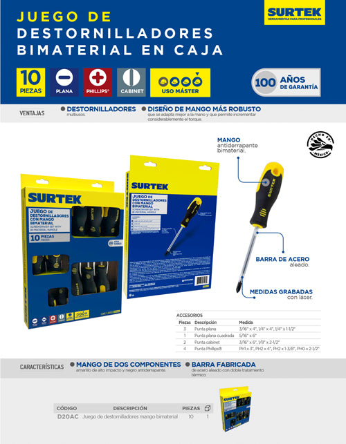 Juego de destornilladores con mango bimaterial combinados, 10 piezas en caja de cartón Surtek