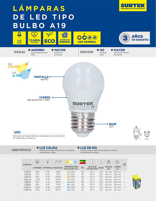 Lámpara de LED tipo bulbo A19, 11 W luz de día Surtek