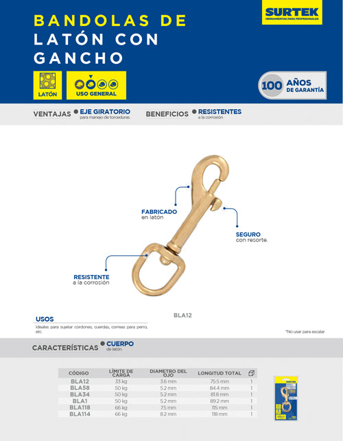 Bandola de latón con gancho 1-1/4" Surtek