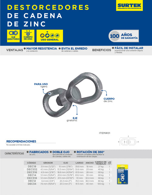 Destorcedor de zinc para cable 3/16" Surtek