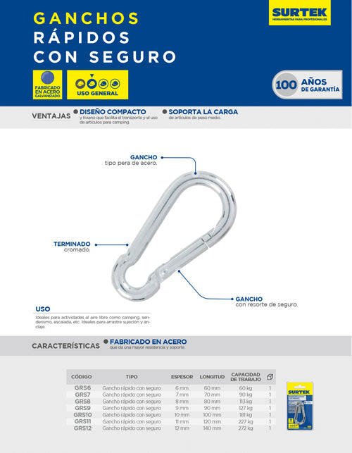 Gancho rápido con seguro 6 x 60 mm Surtek