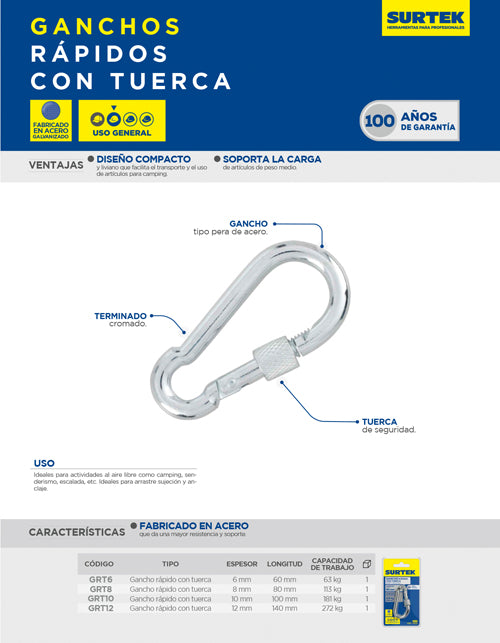 Gancho rápido con tuerca 10 x 100 mm Surtek