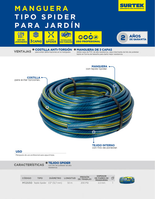 Manguera para jardín tejido spider en rollo 1/2", 50 m Surtek