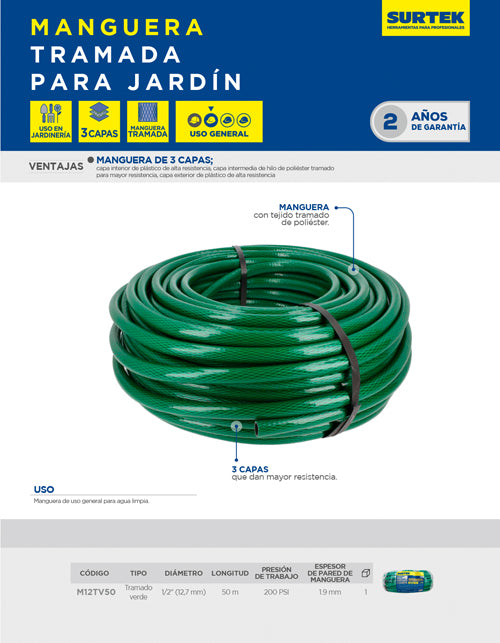 Manguera para jardín tramada verde con conector metálico 1/2", 50 m Surtek