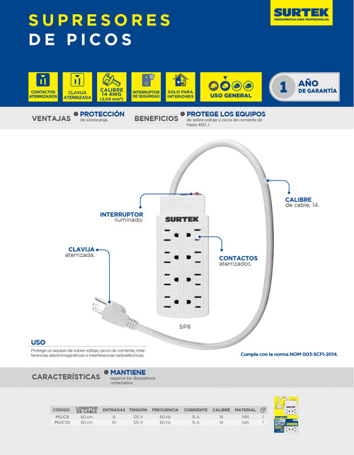 Barra multicontacto 8 entradas cable 60 cm Surtek