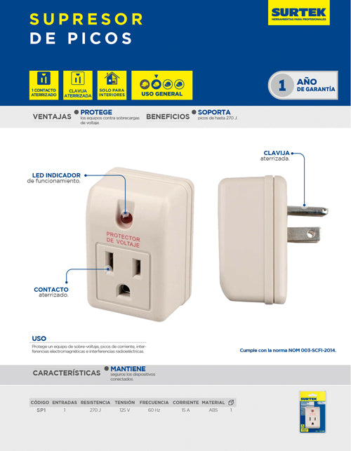 Supresor de picos 1 entrada cable 270 J, 90 cm Surtek