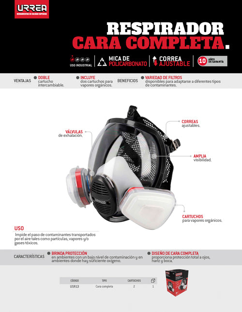 Mascarilla respirador cara completa 2 filtros Urrea