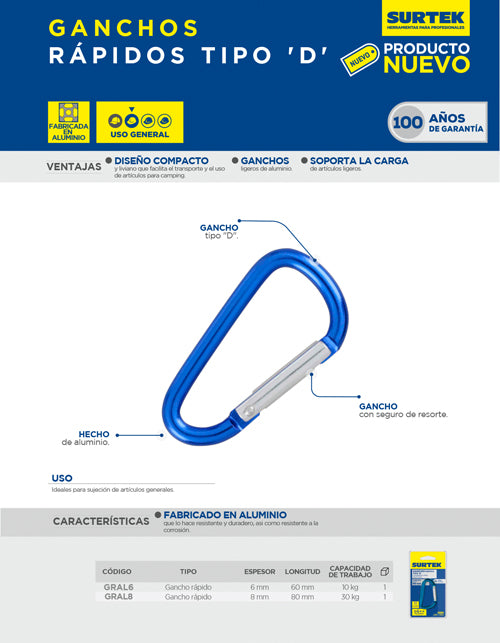Gancho rápido de aluminio 8 x 80 mm Surtek
