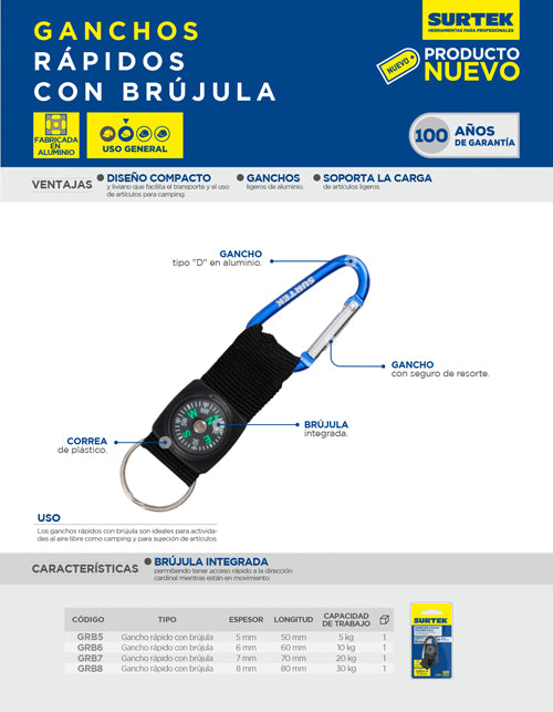 Gancho rápido con brújula 8 x 80 mm Surtek