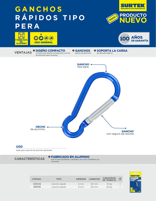 Gancho rápido tipo pera 6 x 60 mm Surtek