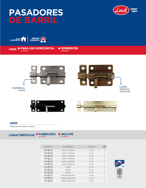 Pasador de sobreponer tipo barril acabado latón brillante, 4 cm Lock