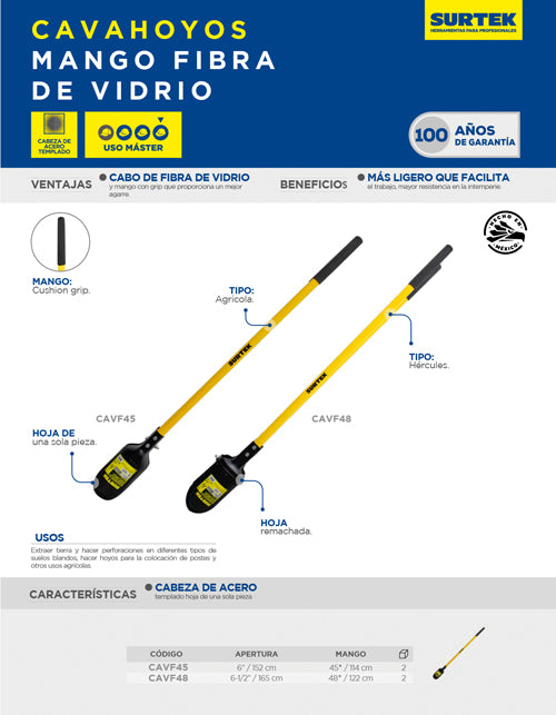 Cavahoyos con mango fibra de vidrio 48",  Hércules Surtek