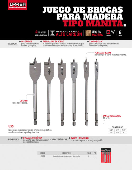 Juego de brocas para madera de acero al carbono tipo manita, 6 piezas Urrea