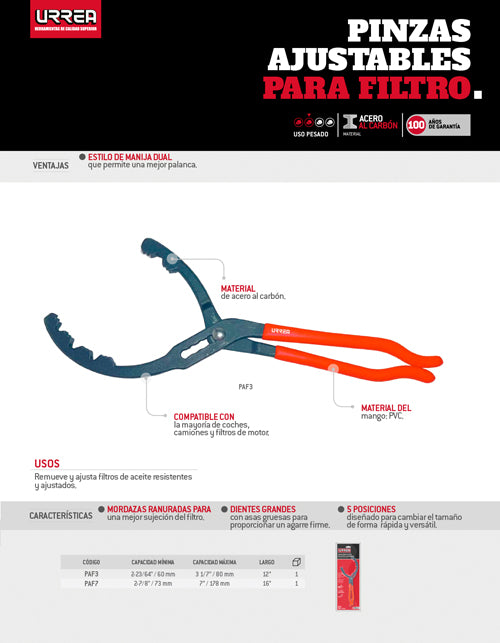Pinza ajustable para filtros de aceite 2-7/8" a 7" de 16" Urrea