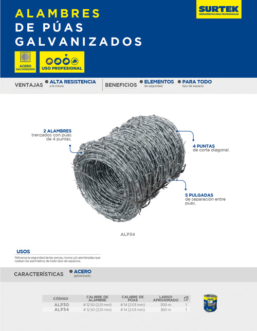 Alambre de púas calibre 12.5, 360 m, 34 kg Surtek