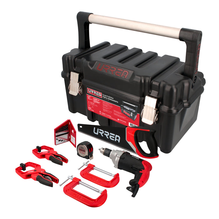 Juego de herramientas con taladro 21 piezas, caja plástica Urrea