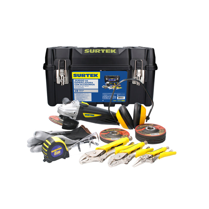 Juego combinado de herramienta con esmeriladora 19 piezas, con caja plástica Surtek