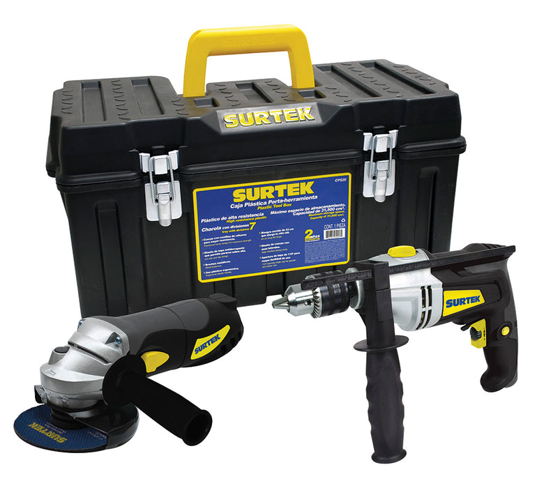 Juego combinado de herramienta con rotomartillo y esmeriladora 3 piezas, caja plástica Surtek