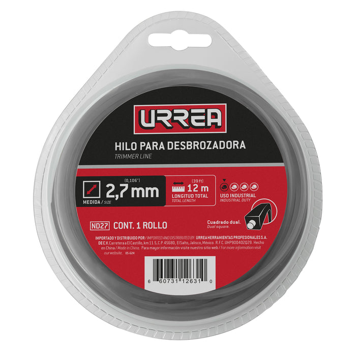 Nailon cuadro dual para desbrozadora doble blister, 2.7 mm x 12 m Urrea